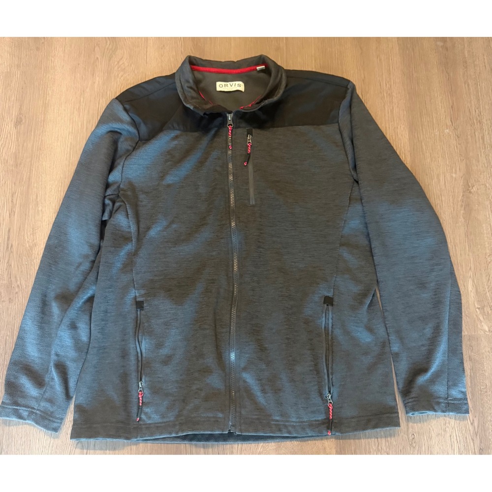 Orvis Mens Full Zip Jacket Charcoal Gray Textured Fleece Mock Neck L